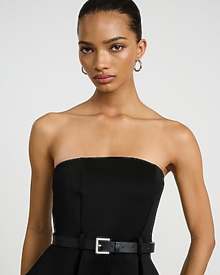 Strapless Peplum Belted Wide Leg Jumpsuit with Pockets