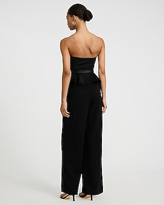 Strapless Peplum Belted Wide Leg Jumpsuit with Pockets