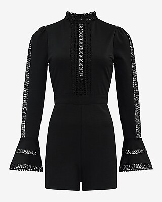 EXPRESS x bebe Lace Pieced Mock Neck Long Sleeve Romper