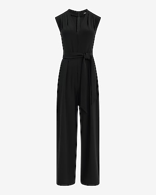 Crepe V-Neck Tie Waist Wide Leg Jumpsuit with Pockets