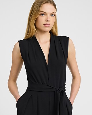 Crepe V-Neck Tie Waist Wide Leg Jumpsuit with Pockets