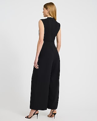 Crepe V-Neck Tie Waist Wide Leg Jumpsuit with Pockets