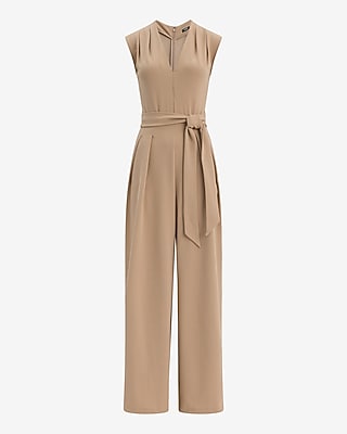 Crepe V-Neck Tie Waist Wide Leg Jumpsuit with Pockets