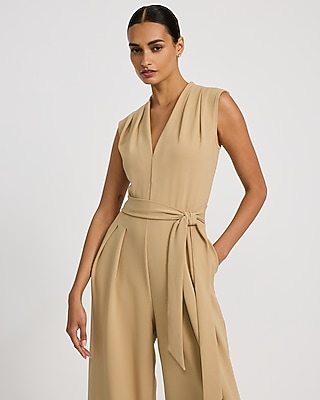 Crepe V-Neck Tie Waist Wide Leg Jumpsuit with Pockets