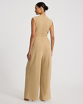 Crepe V-Neck Tie Waist Wide Leg Jumpsuit with Pockets