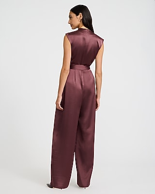 Satin V-Neck Tie Waist Wide Leg Jumpsuit with Pockets - thumbnail 2