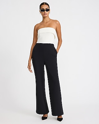 Color Block Crepe Strapless Flare Trouser Jumpsuit with Pockets