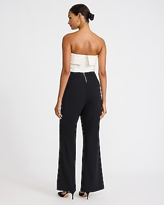 Color Block Crepe Strapless Flare Trouser Jumpsuit with Pockets
