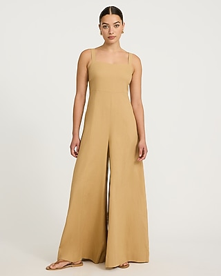 Linen-Blend Square Neck Wide Leg Jumpsuit