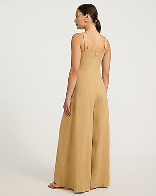 Linen-Blend Square Neck Wide Leg Jumpsuit