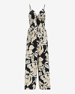 Stretch Cotton Poplin Floral Tie Front Wide Leg Cropped Jumpsuit with Pockets