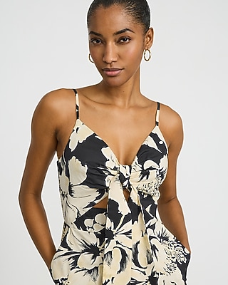 Stretch Cotton Poplin Floral Tie Front Wide Leg Cropped Jumpsuit with Pockets