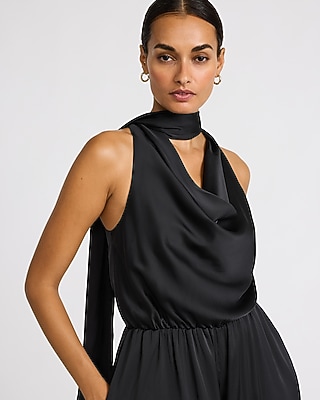 Satin Scarf Cowl Neck Wide Leg Jumpsuit with Pockets
