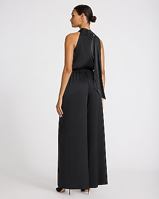 Satin Scarf Cowl Neck Wide Leg Jumpsuit with Pockets