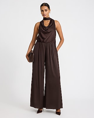 Satin Scarf Cowl Neck Wide Leg Jumpsuit with Pockets