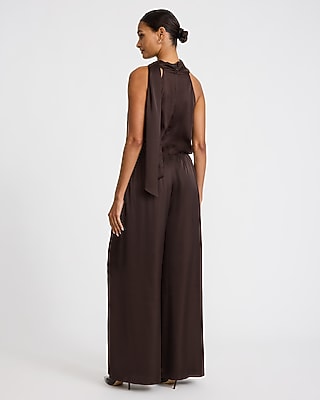 Satin Scarf Cowl Neck Wide Leg Jumpsuit with Pockets
