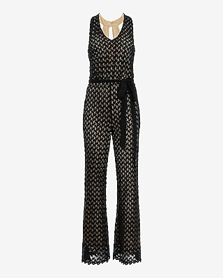 Crochet Halter V-Neck Sleeveless Belted Jumpsuit