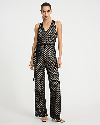 Crochet Halter V-Neck Sleeveless Belted Jumpsuit