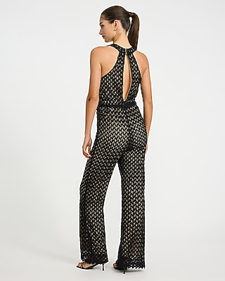 Crochet Halter V-Neck Sleeveless Belted Jumpsuit