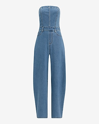 Denim Strapless Barrel Leg Jumpsuit with Pockets - thumbnail 3