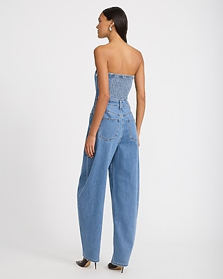 Denim Strapless Barrel Leg Jumpsuit with Pockets - thumbnail 2