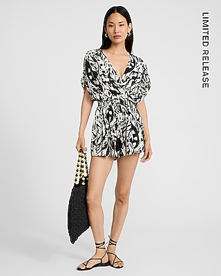 Palm Print V-Neck Short Sleeve Romper