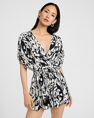 Palm Print V-Neck Short Sleeve Romper