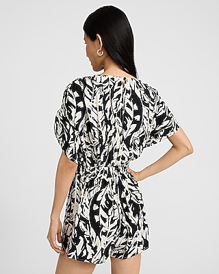 Palm Print V-Neck Short Sleeve Romper