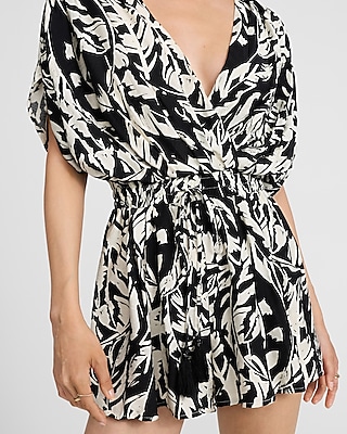 Palm Print V-Neck Short Sleeve Romper