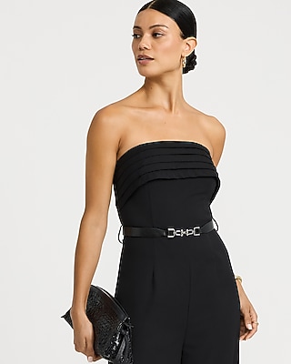 Strapless Fold Over Pleated Belted Wide Leg Jumpsuit - thumbnail 5