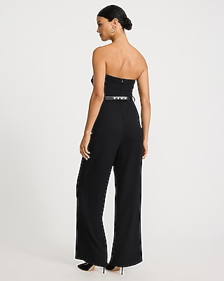 Strapless Fold Over Pleated Belted Wide Leg Jumpsuit - thumbnail 6