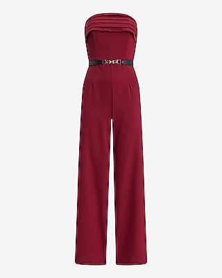 Strapless Fold Over Pleated Belted Wide Leg Jumpsuit