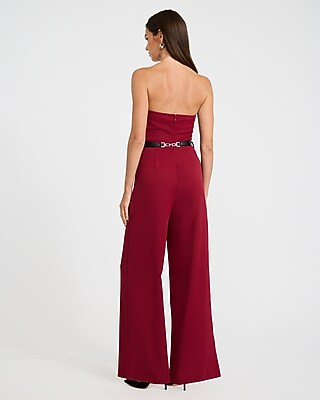 Strapless Fold Over Pleated Belted Wide Leg Jumpsuit