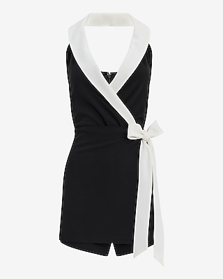 Color Block Halter V-Neck Wrap Tie Waist Romper
