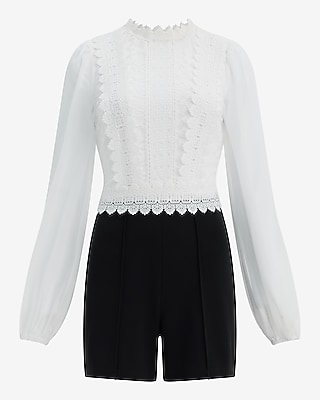 Lace Color Block Crew Neck Long Sleeve Romper