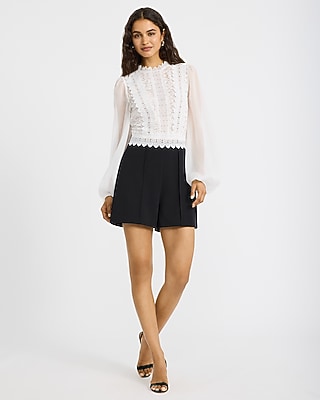 Lace Color Block Crew Neck Long Sleeve Romper
