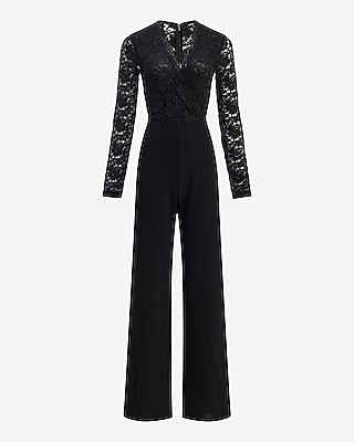 Lace V-Neck Long Sleeve Wrap Wide Leg Jumpsuit
