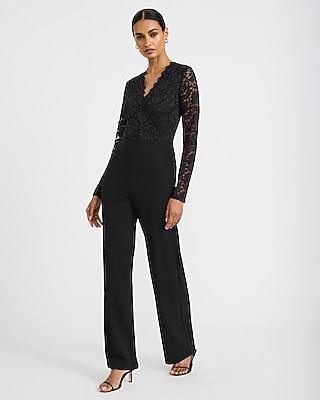 Lace V-Neck Long Sleeve Wrap Wide Leg Jumpsuit