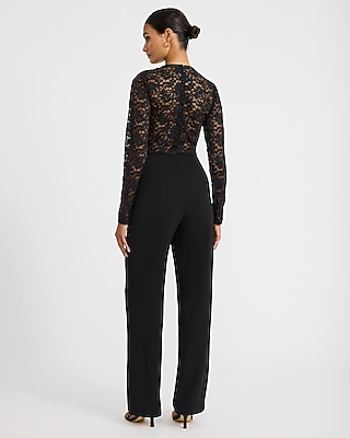 Lace V-Neck Long Sleeve Wrap Wide Leg Jumpsuit