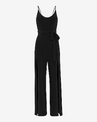 Scoop Neck Sleeveless Tie Waist Split Leg Jumpsuit