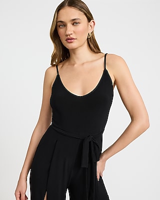 Scoop Neck Sleeveless Tie Waist Split Leg Jumpsuit