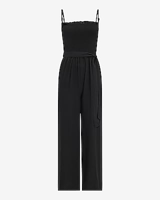 Square Neck Tie Waist Split Hem Jumpsuit with Pockets