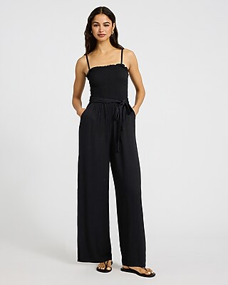 Square Neck Tie Waist Split Hem Jumpsuit with Pockets