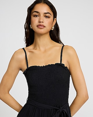Square Neck Tie Waist Split Hem Jumpsuit with Pockets