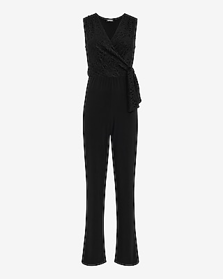 Mixed Media Lace V-Neck Wrap Tie Wide Leg Jumpsuit