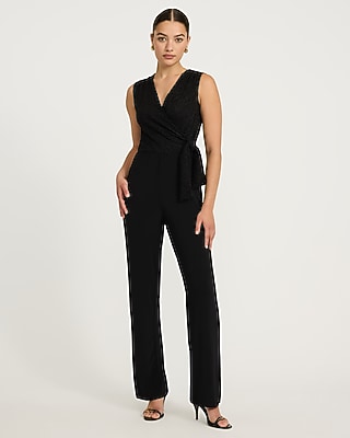 Mixed Media Lace V-Neck Wrap Tie Wide Leg Jumpsuit