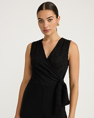 Mixed Media Lace V-Neck Wrap Tie Wide Leg Jumpsuit
