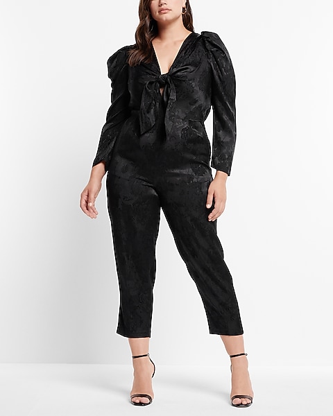 Floral Jacquard Puff Sleeve Tie Front Jumpsuit | Express
