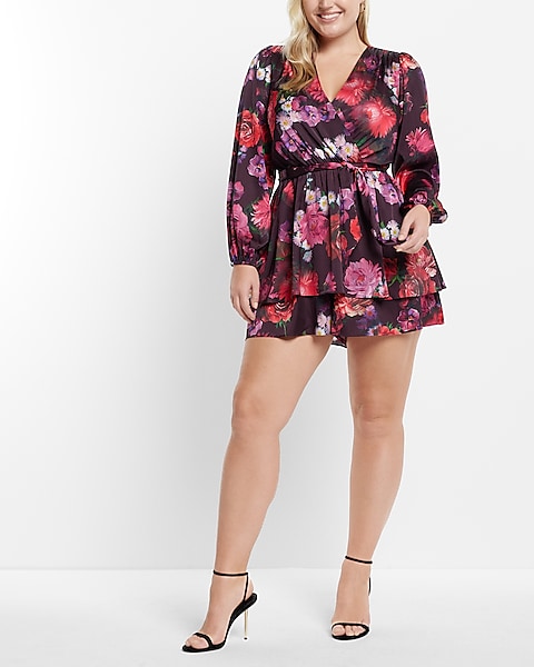 Floral Satin Ruffle Wrap Front Romper