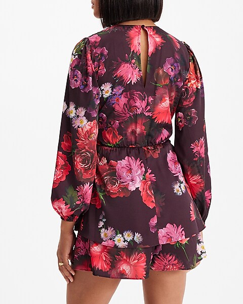 Floral Satin Ruffle Wrap Front Romper